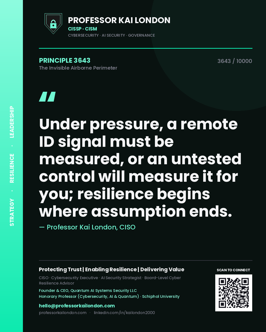 Quote card by Professor Kai London reading 'Under pressure, a remote ID signal must be measured, or an untested control will measure it for you; resilience begins where assumption ends.'. From the book The Invisible Airborne Perimeter.