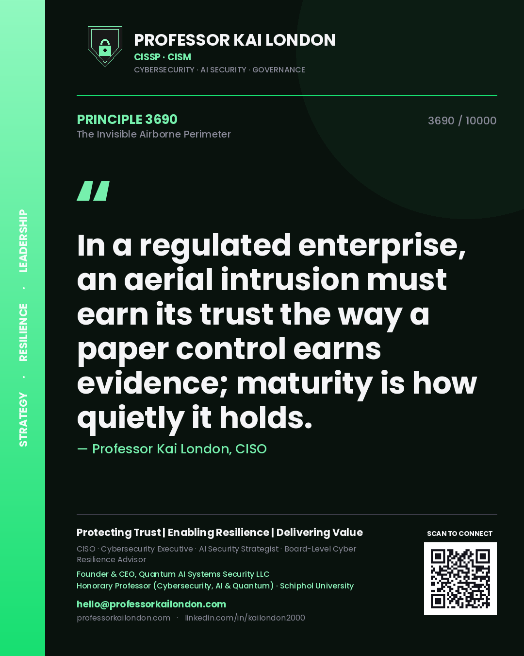 Professor Kai London principle 3690: In a regulated enterprise, an aerial intrusion must earn its trust the way a paper control earns evidence; maturity is how quietly it holds.