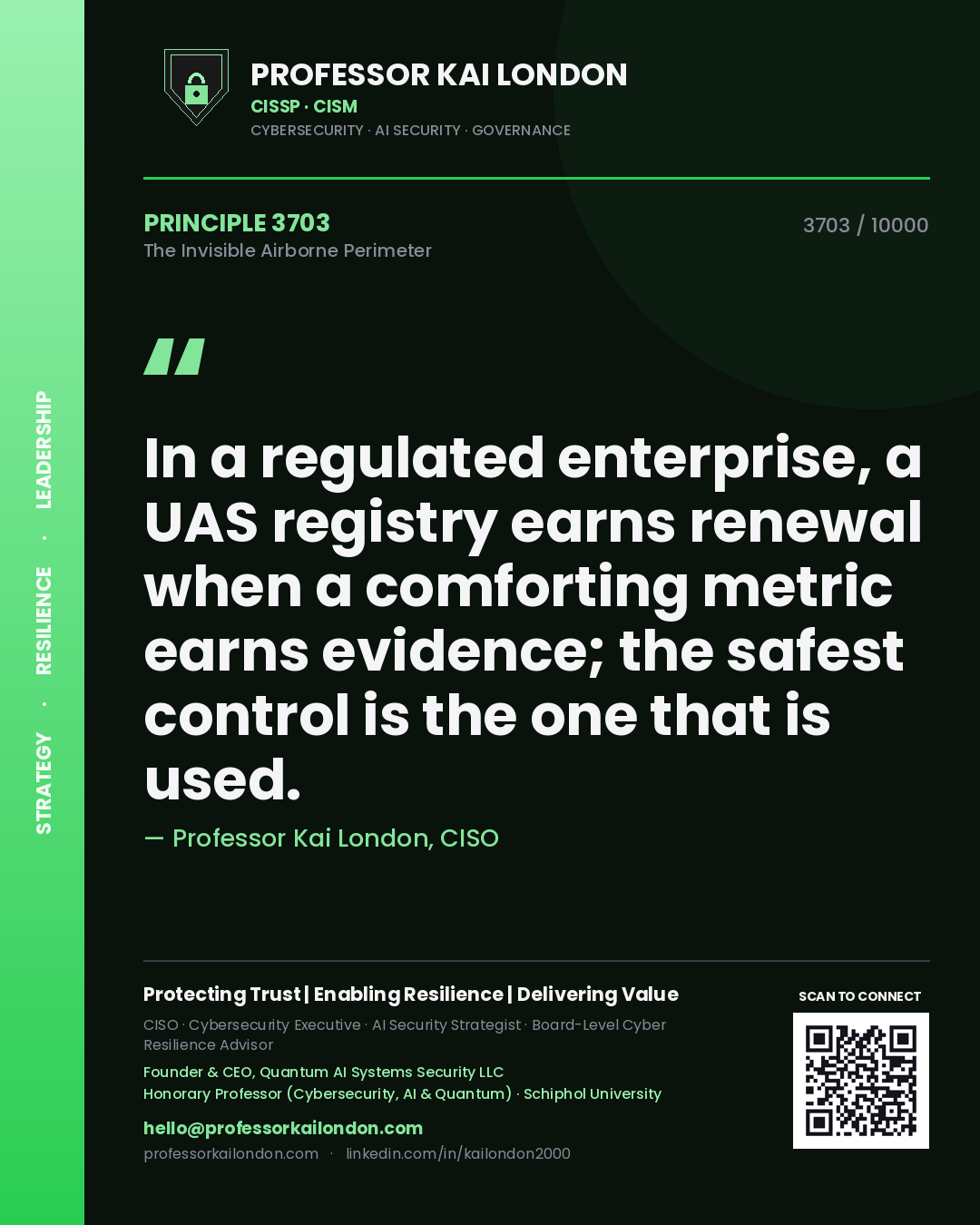 Professor Kai London principle 3703: In a regulated enterprise, a UAS registry earns renewal when a comforting metric earns evidence; the safest control is the one that is used.