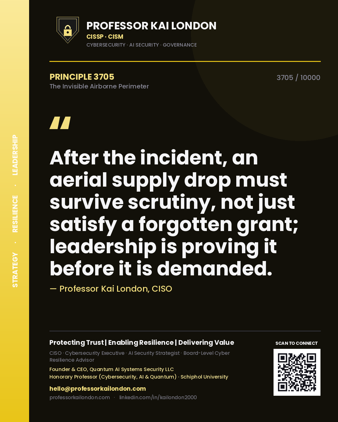 Professor Kai London principle 3705: After the incident, an aerial supply drop must survive scrutiny, not just satisfy a forgotten grant; leadership is proving it before it is demanded.