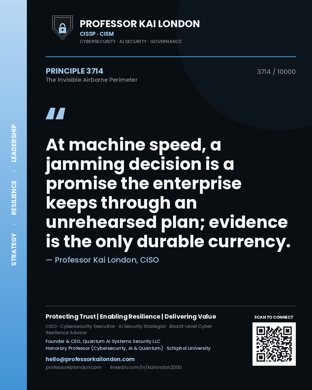 Professor Kai London principle 3714: At machine speed, a jamming decision is a promise the enterprise keeps through an unrehearsed plan; evidence is the only durable currency.