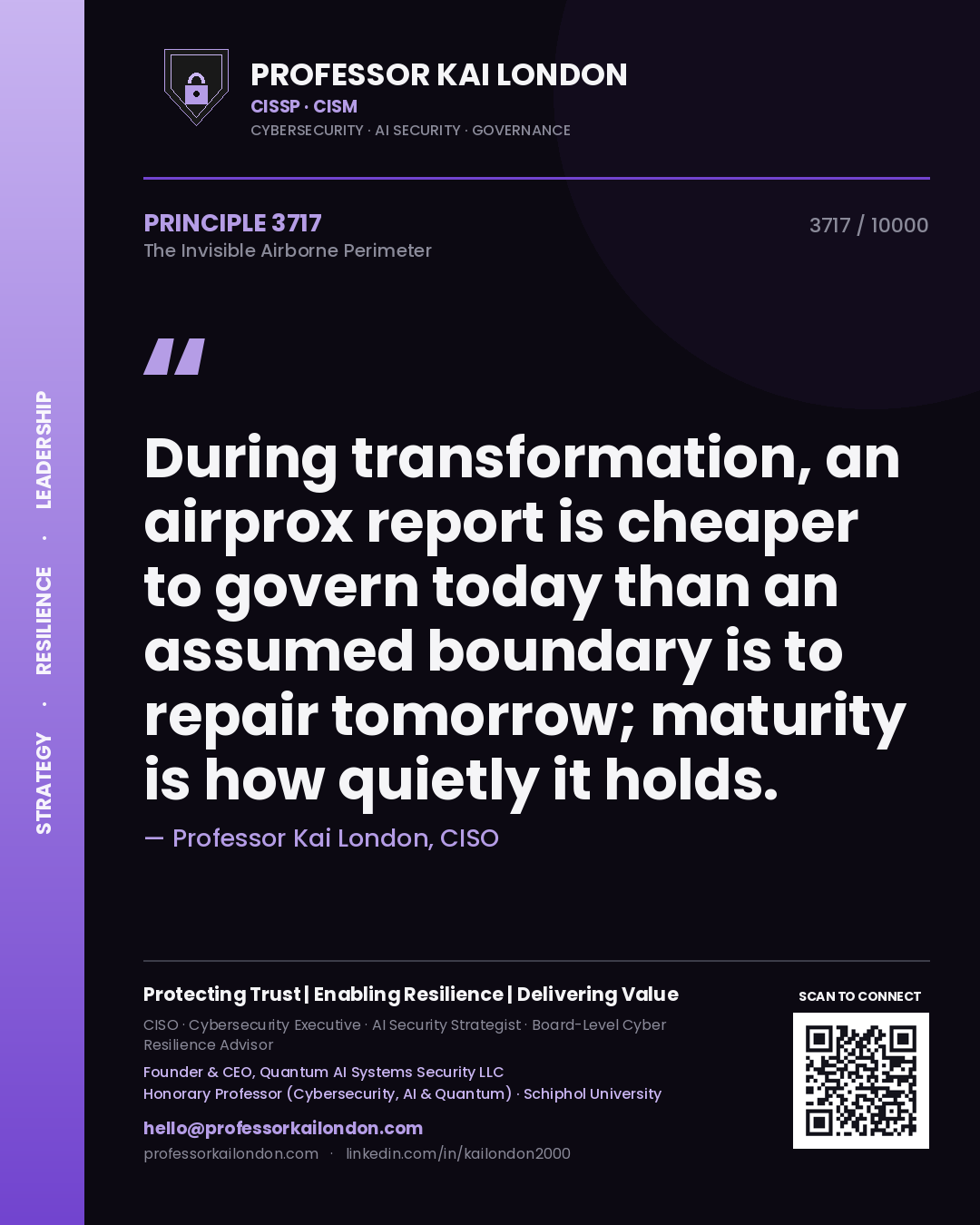 Professor Kai London principle 3717: During transformation, an airprox report is cheaper to govern today than an assumed boundary is to repair tomorrow; maturity is how quietly it holds.