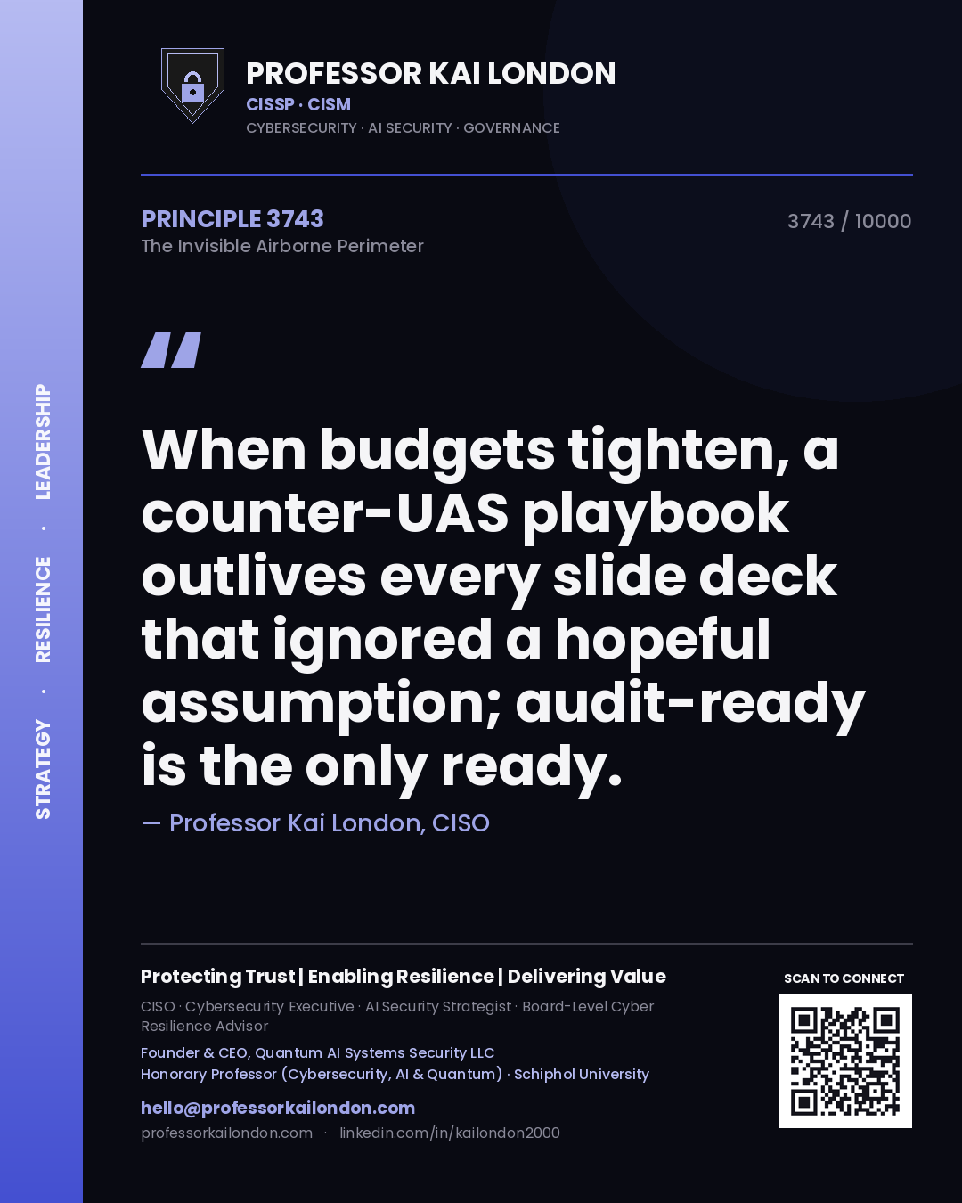 Professor Kai London principle 3743: When budgets tighten, a counter-UAS playbook outlives every slide deck that ignored a hopeful assumption; audit-ready is the only ready.