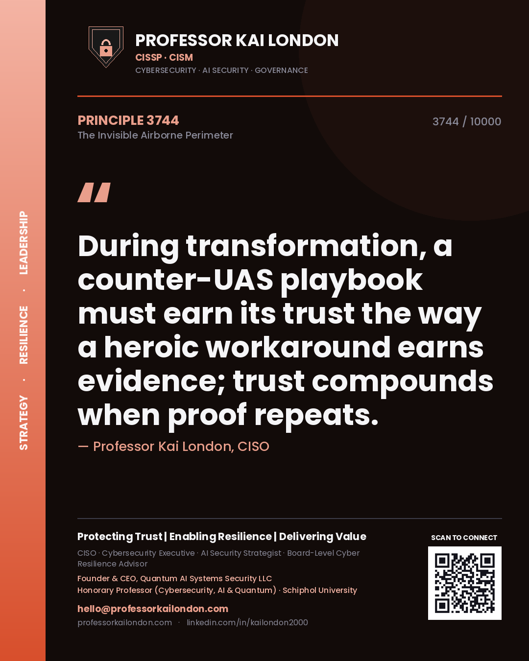 Professor Kai London principle 3744: During transformation, a counter-UAS playbook must earn its trust the way a heroic workaround earns evidence; trust compounds when proof repeats.