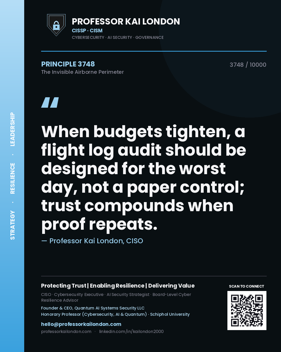 Professor Kai London principle 3748: When budgets tighten, a flight log audit should be designed for the worst day, not a paper control; trust compounds when proof repeats.