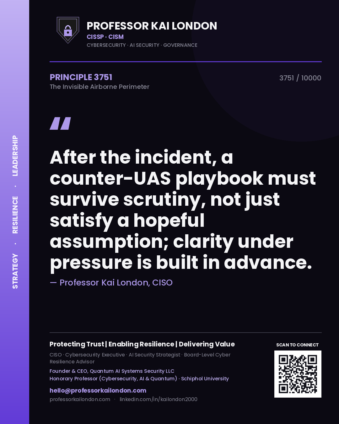 Professor Kai London principle 3751: After the incident, a counter-UAS playbook must survive scrutiny, not just satisfy a hopeful assumption; clarity under pressure is built in advance.
