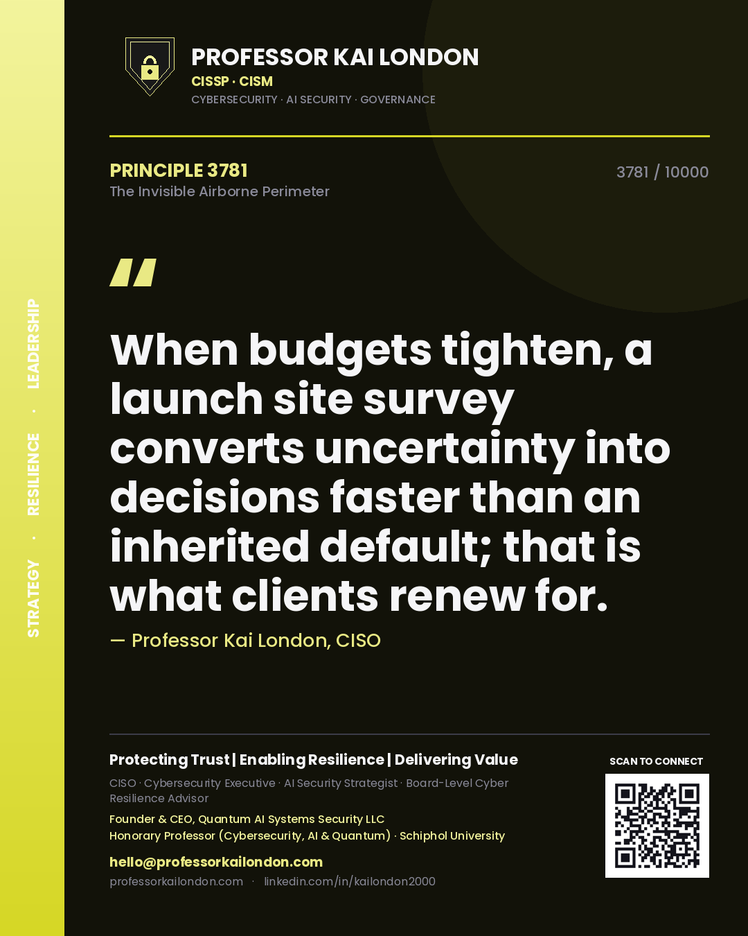 Quote card by Professor Kai London reading 'When budgets tighten, a launch site survey converts uncertainty into decisions faster than an inherited default; that is what clients renew for.'. From the book The Invisible Airborne Perimeter.
