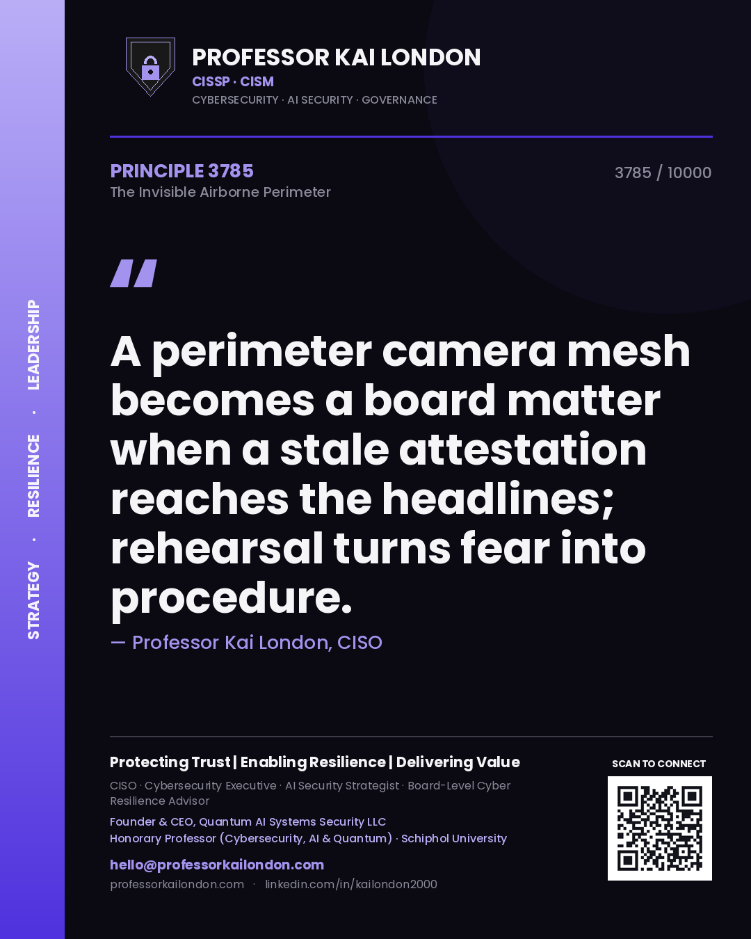 Professor Kai London principle 3785: A perimeter camera mesh becomes a board matter when a stale attestation reaches the headlines; rehearsal turns fear into procedure.
