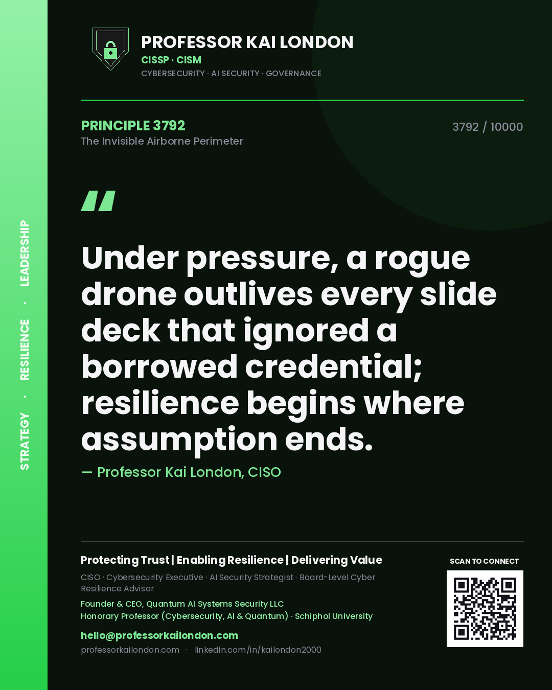 Professor Kai London principle 3792: Under pressure, a rogue drone outlives every slide deck that ignored a borrowed credential; resilience begins where assumption ends.