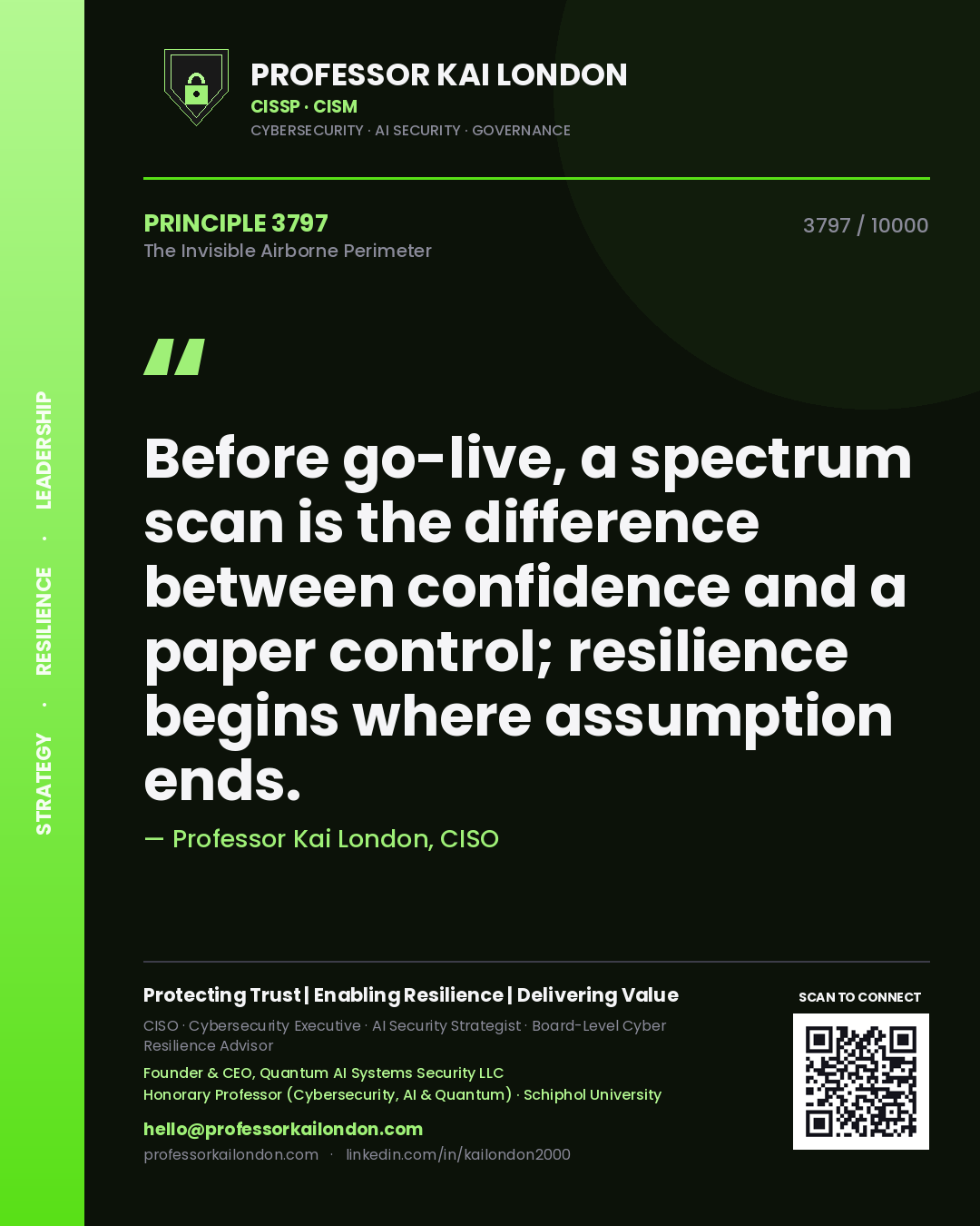 Quote card by Professor Kai London reading 'Before go-live, a spectrum scan is the difference between confidence and a paper control; resilience begins where assumption ends.'. From the book The Invisible Airborne Perimeter.