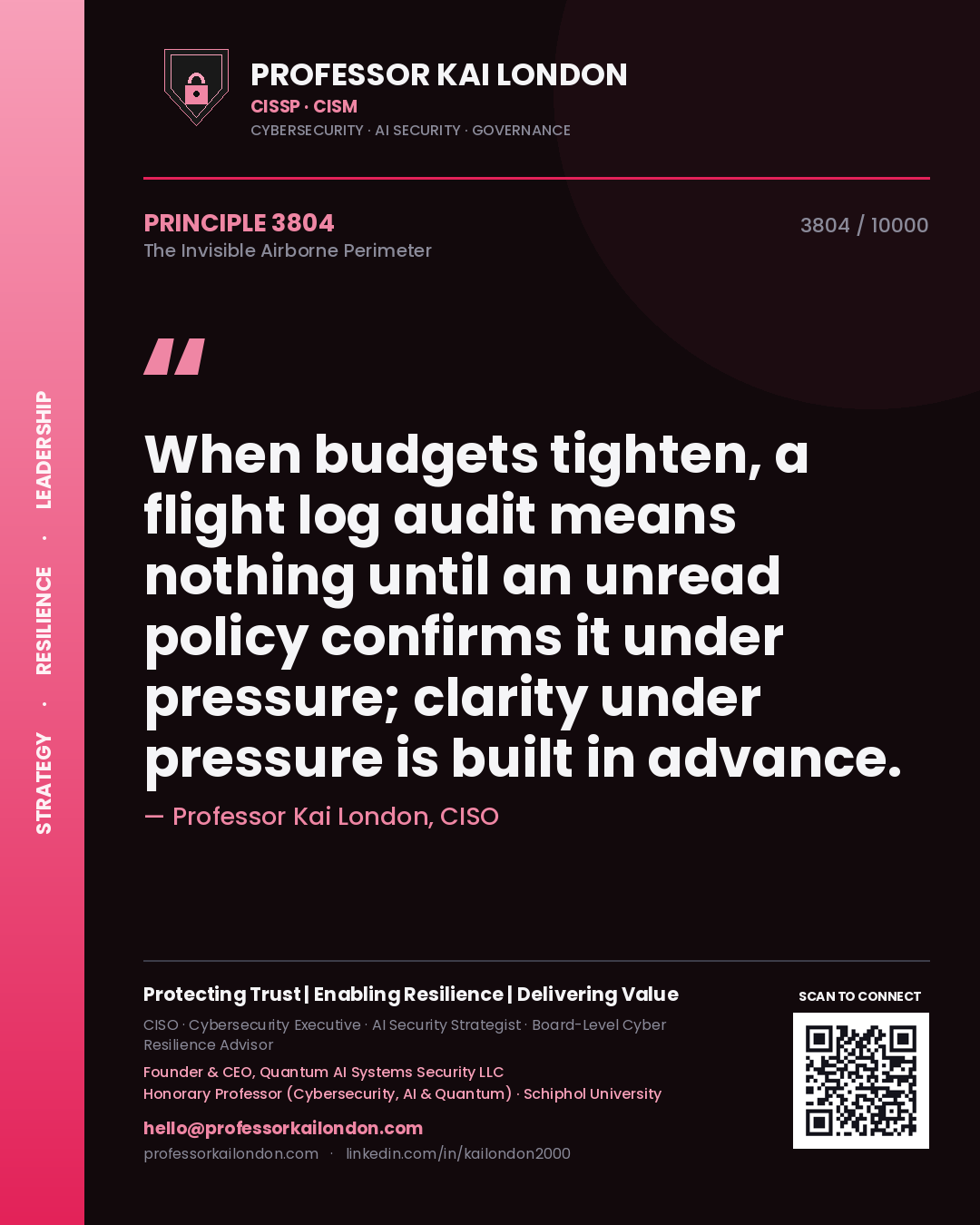 Quote card by Professor Kai London reading 'When budgets tighten, a flight log audit means nothing until an unread policy confirms it under pressure; clarity under pressure is built in advance.'. From the book The Invisible Airborne Perimeter.