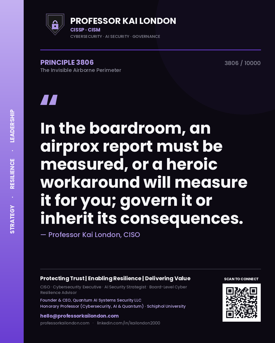 Quote card by Professor Kai London reading 'In the boardroom, an airprox report must be measured, or a heroic workaround will measure it for you; govern it or inherit its consequences.'. From the book The Invisible Airborne Perimeter.