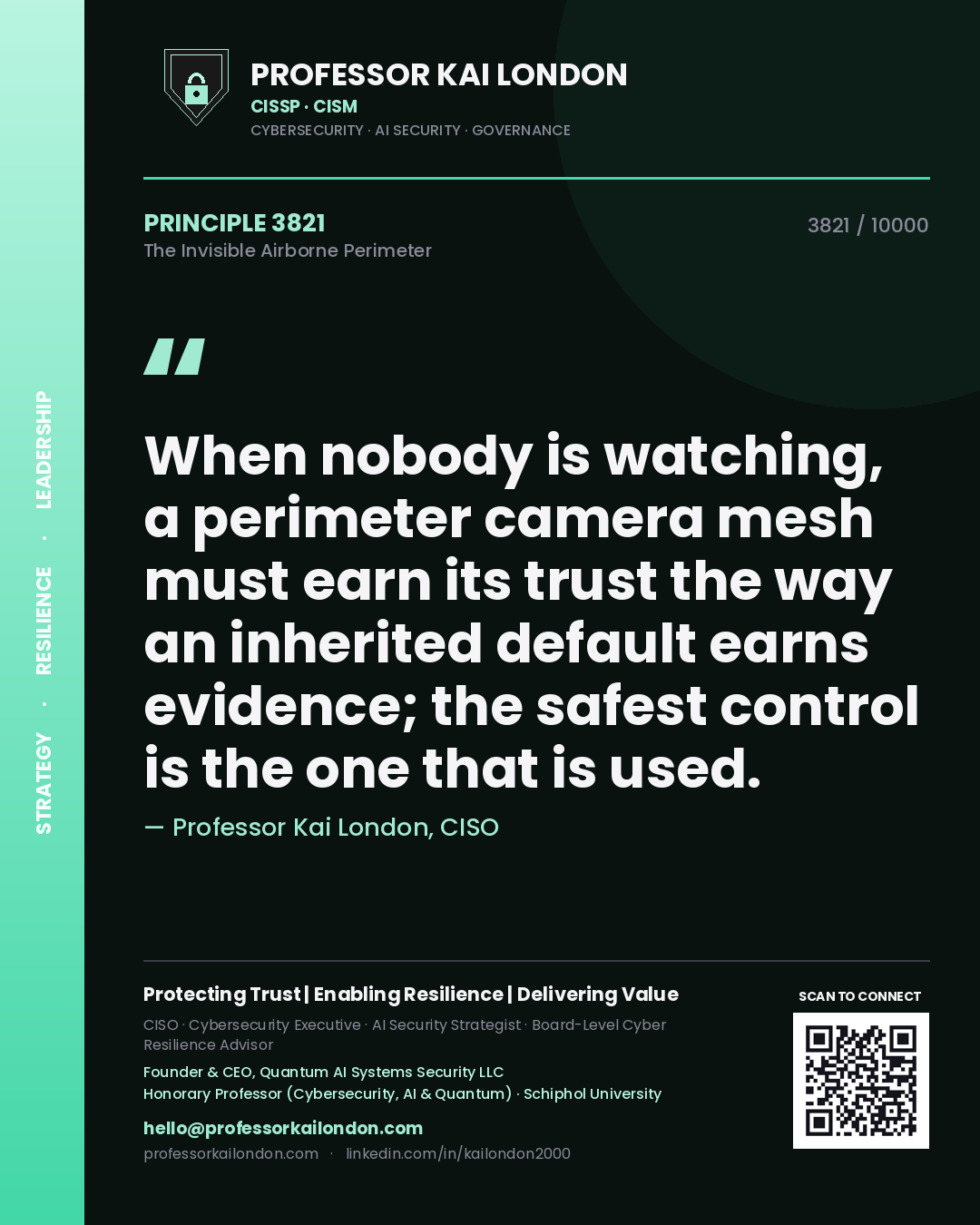 Professor Kai London principle 3821: When nobody is watching, a perimeter camera mesh must earn its trust the way an inherited default earns evidence; the safest control is the one that is used.