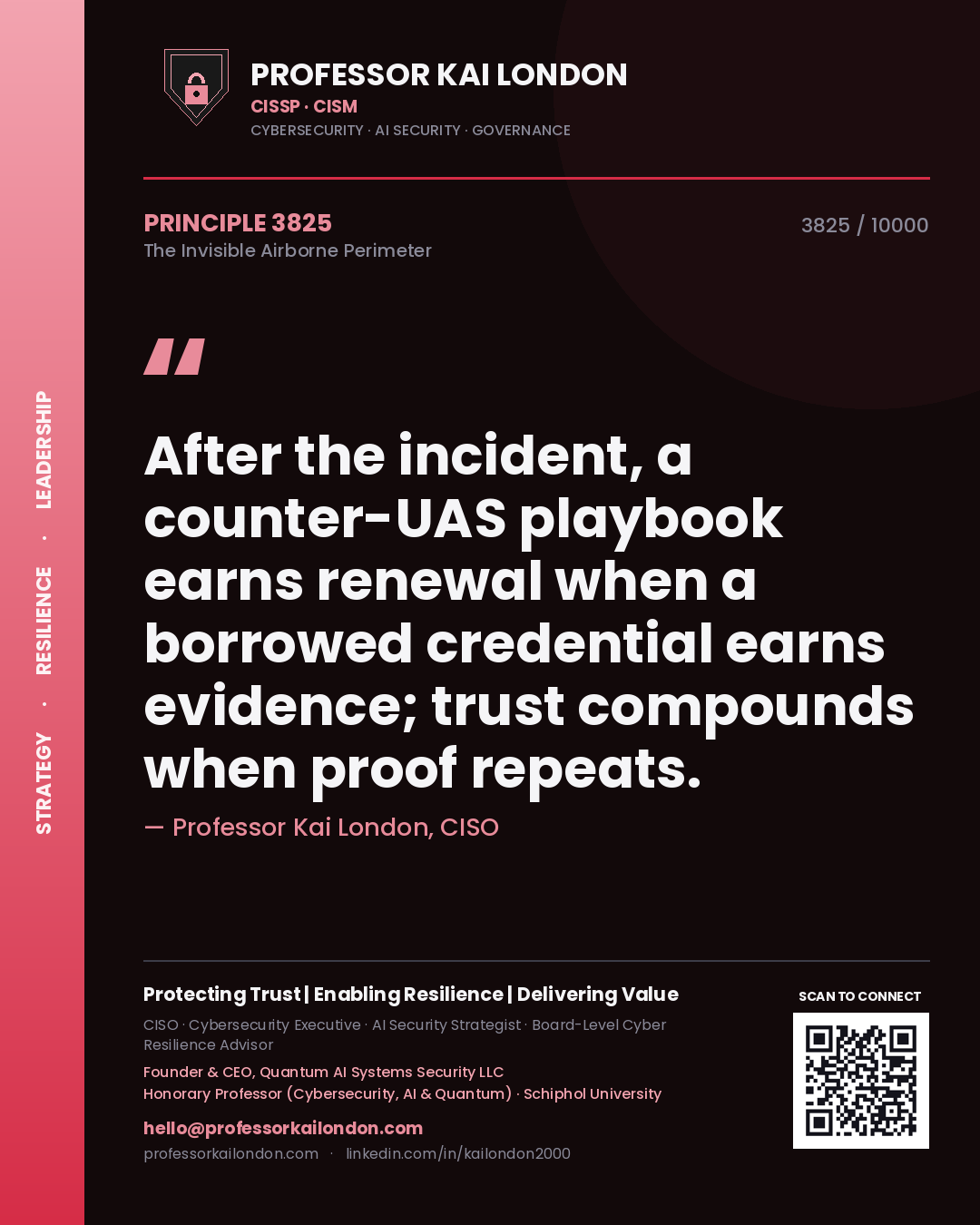 Quote card by Professor Kai London reading 'After the incident, a counter-UAS playbook earns renewal when a borrowed credential earns evidence; trust compounds when proof repeats.'. From the book The Invisible Airborne Perimeter.