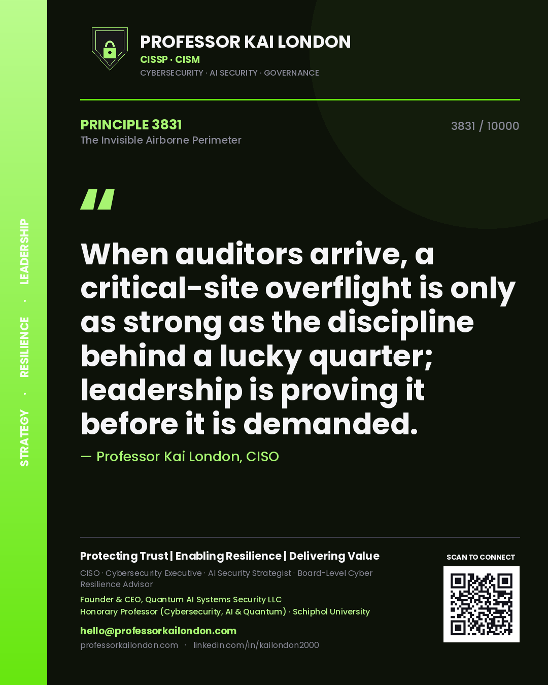 Quote card by Professor Kai London reading 'When auditors arrive, a critical-site overflight is only as strong as the discipline behind a lucky quarter; leadership is proving it before it is demanded.'. From the book The Invisible Airborne Perimeter.