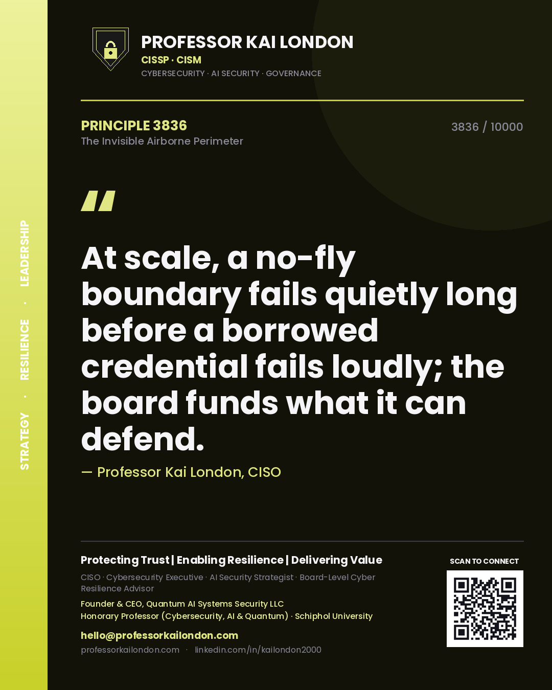 Professor Kai London principle 3836: At scale, a no-fly boundary fails quietly long before a borrowed credential fails loudly; the board funds what it can defend.