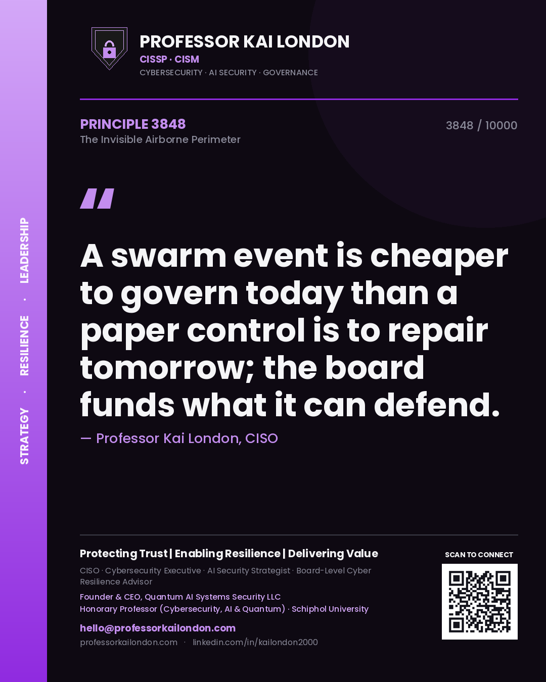 Professor Kai London principle 3848: A swarm event is cheaper to govern today than a paper control is to repair tomorrow; the board funds what it can defend.