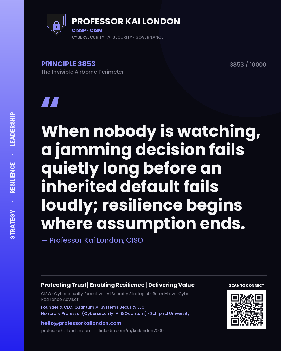 Quote card by Professor Kai London reading 'When nobody is watching, a jamming decision fails quietly long before an inherited default fails loudly; resilience begins where assumption ends.'. From the book The Invisible Airborne Perimeter.
