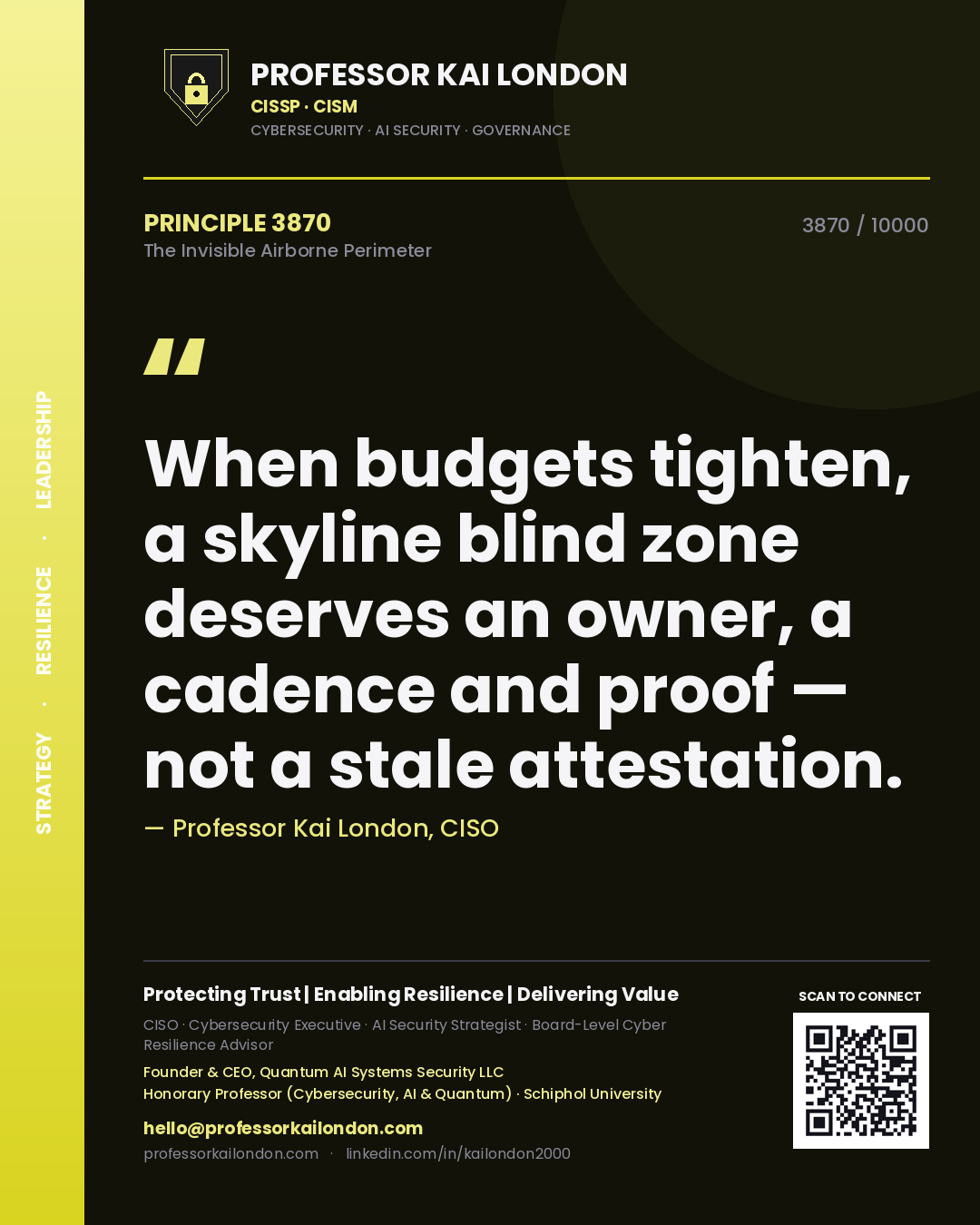 Quote card by Professor Kai London reading 'When budgets tighten, a skyline blind zone deserves an owner, a cadence and proof — not a stale attestation.'. From the book The Invisible Airborne Perimeter.