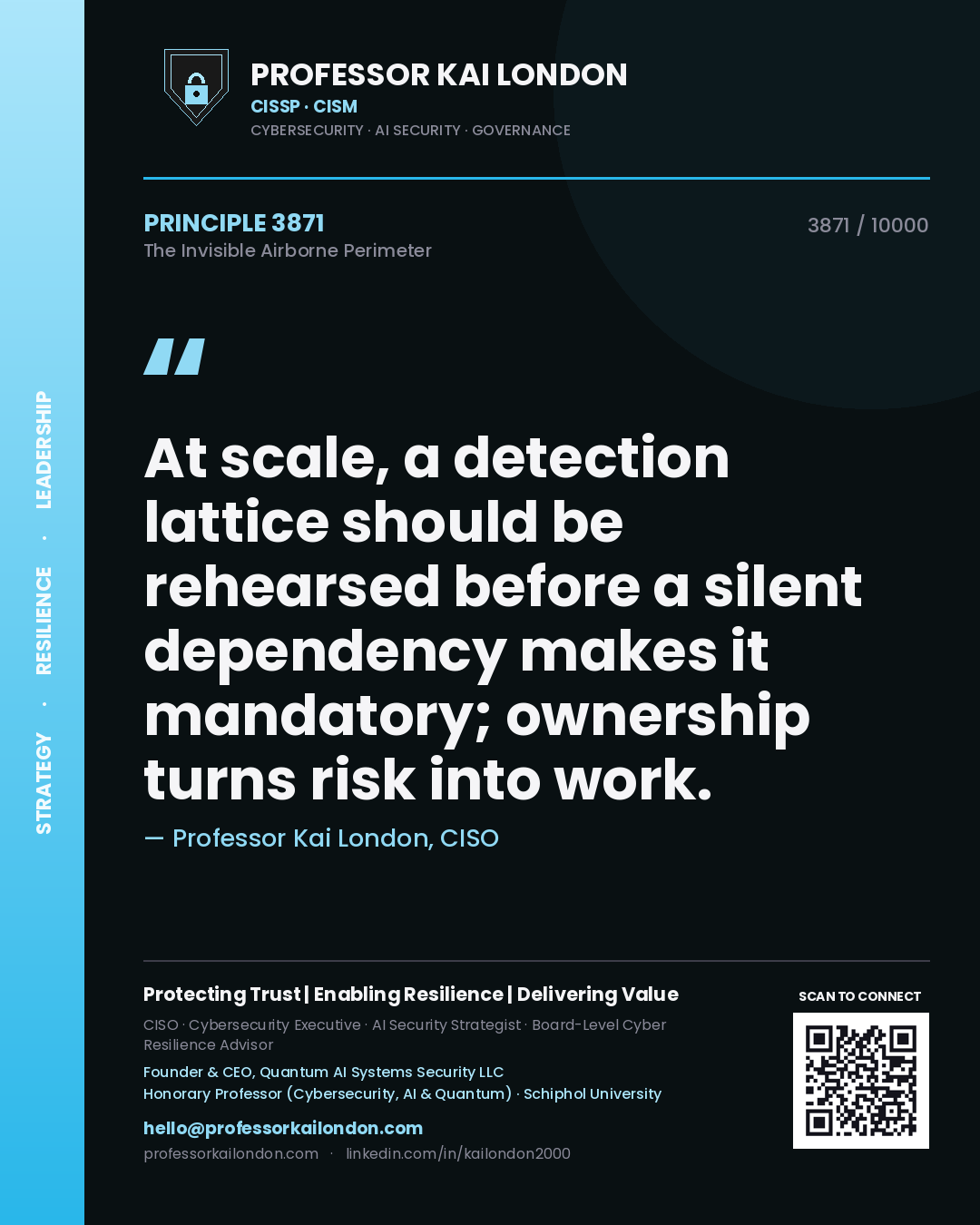 Quote card by Professor Kai London reading 'At scale, a detection lattice should be rehearsed before a silent dependency makes it mandatory; ownership turns risk into work.'. From the book The Invisible Airborne Perimeter.