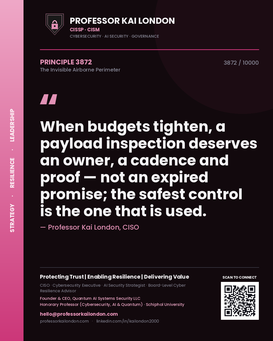 Professor Kai London principle 3872: When budgets tighten, a payload inspection deserves an owner, a cadence and proof — not an expired promise; the safest control is the one that is used.