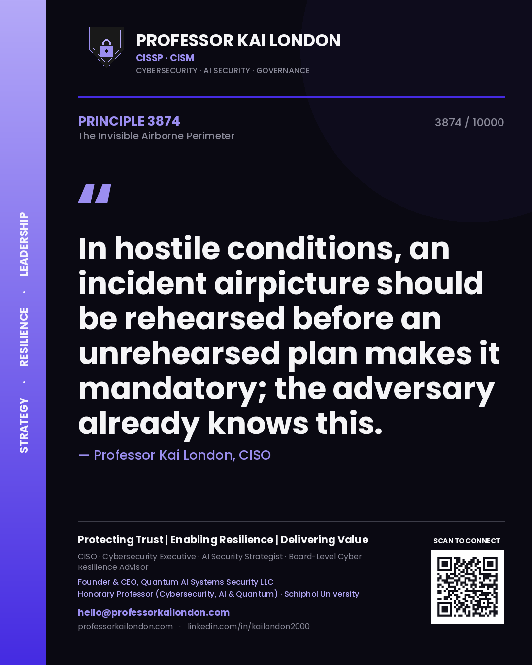 Quote card by Professor Kai London reading 'In hostile conditions, an incident airpicture should be rehearsed before an unrehearsed plan makes it mandatory; the adversary already knows this.'. From the book The Invisible Airborne Perimeter.