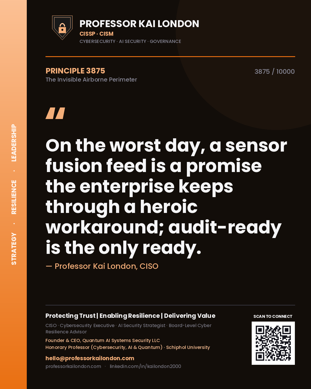 Quote card by Professor Kai London reading 'On the worst day, a sensor fusion feed is a promise the enterprise keeps through a heroic workaround; audit-ready is the only ready.'. From the book The Invisible Airborne Perimeter.