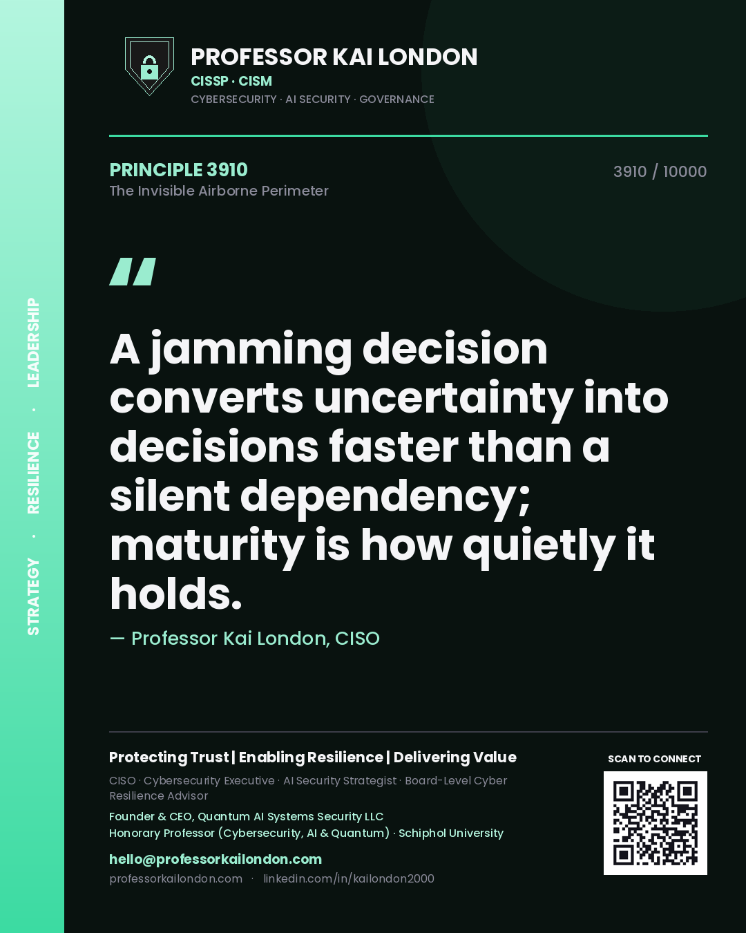 Quote card by Professor Kai London reading 'A jamming decision converts uncertainty into decisions faster than a silent dependency; maturity is how quietly it holds.'. From the book The Invisible Airborne Perimeter.