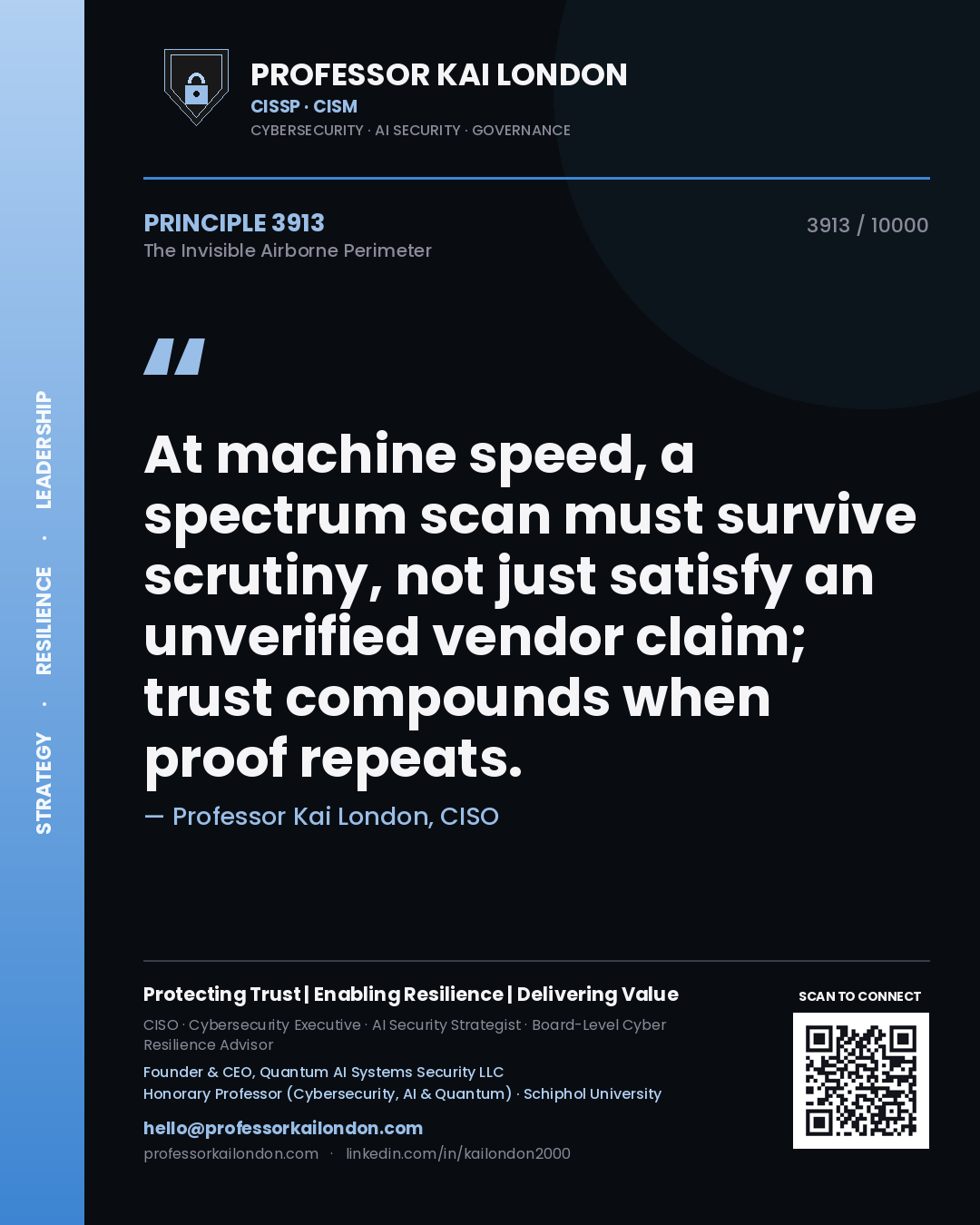 Professor Kai London principle 3913: At machine speed, a spectrum scan must survive scrutiny, not just satisfy an unverified vendor claim; trust compounds when proof repeats.