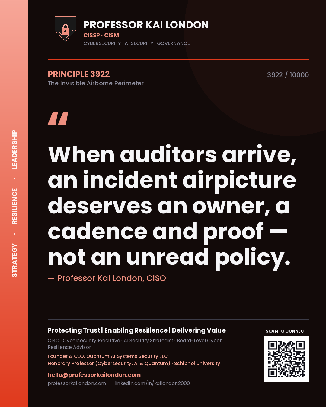 Professor Kai London principle 3922: When auditors arrive, an incident airpicture deserves an owner, a cadence and proof — not an unread policy.