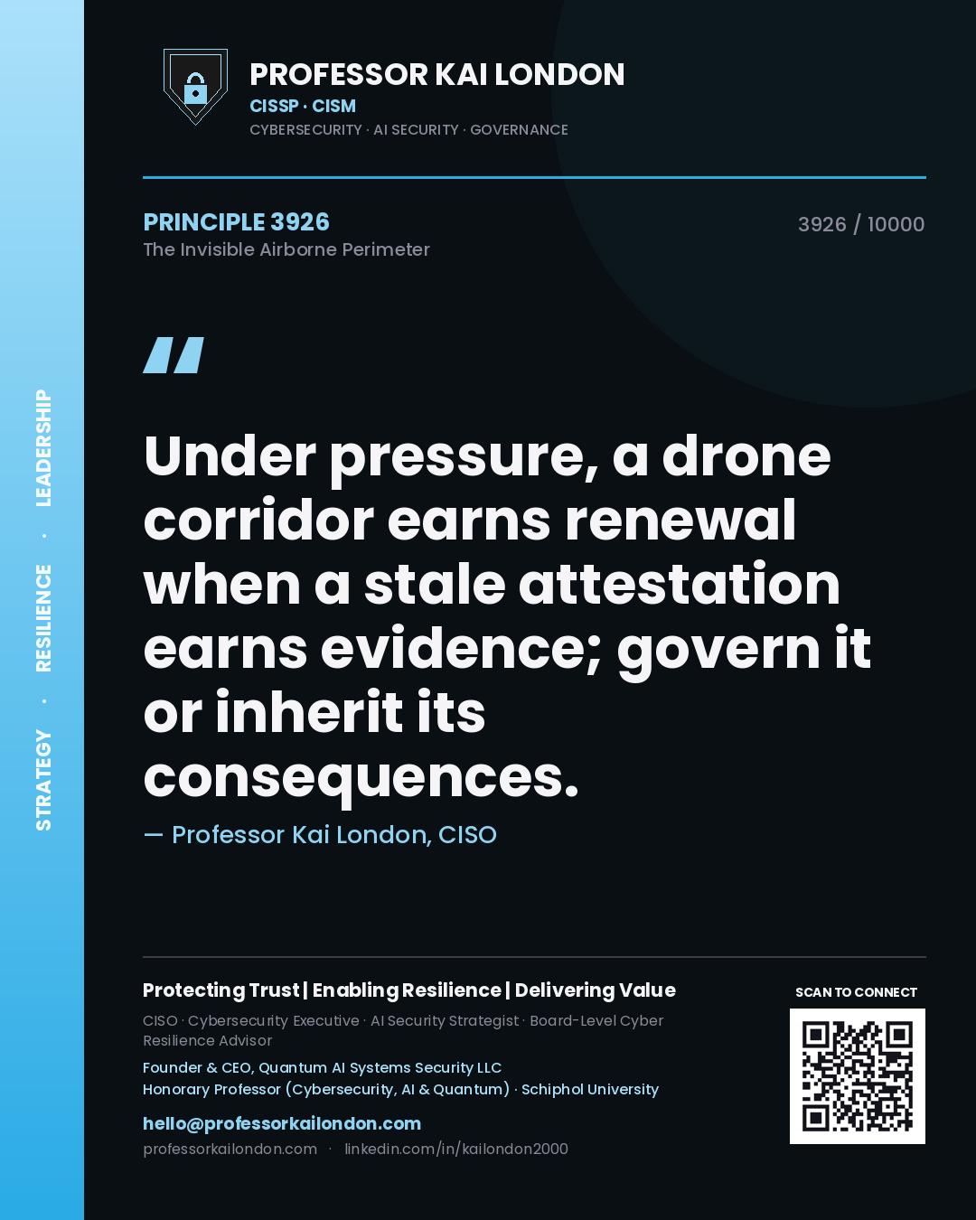 Quote card by Professor Kai London reading 'Under pressure, a drone corridor earns renewal when a stale attestation earns evidence; govern it or inherit its consequences.'. From the book The Invisible Airborne Perimeter.