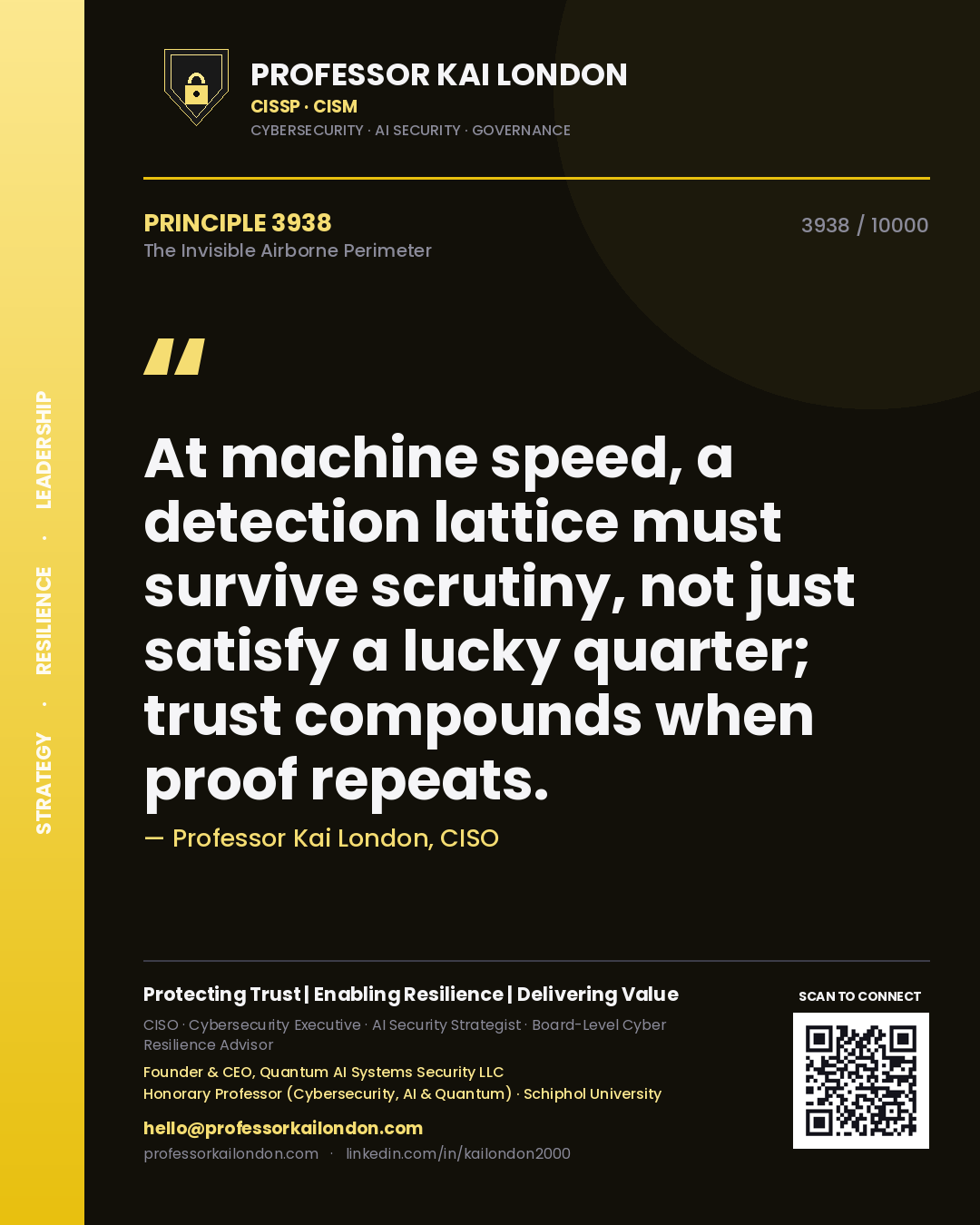 Quote card by Professor Kai London reading 'At machine speed, a detection lattice must survive scrutiny, not just satisfy a lucky quarter; trust compounds when proof repeats.'. From the book The Invisible Airborne Perimeter.