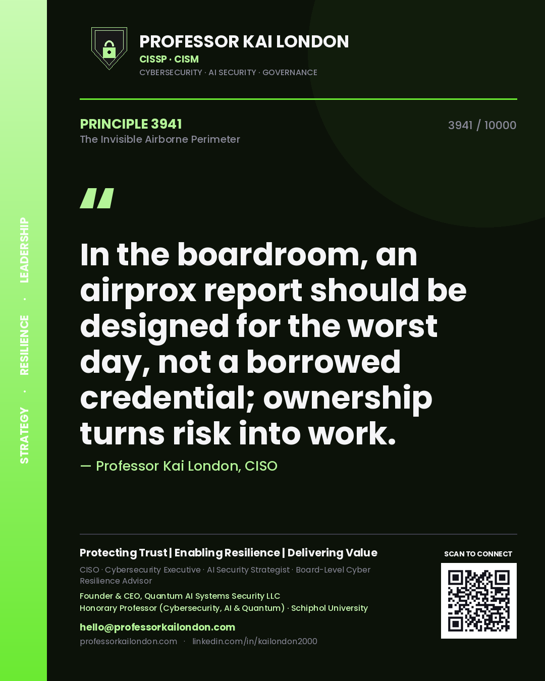 Quote card by Professor Kai London reading 'In the boardroom, an airprox report should be designed for the worst day, not a borrowed credential; ownership turns risk into work.'. From the book The Invisible Airborne Perimeter.