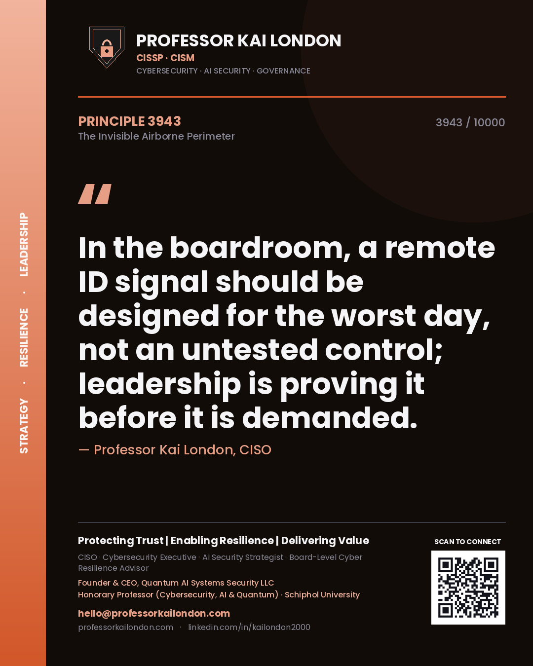 Quote card by Professor Kai London reading 'In the boardroom, a remote ID signal should be designed for the worst day, not an untested control; leadership is proving it before it is demanded.'. From the book The Invisible Airborne Perimeter.