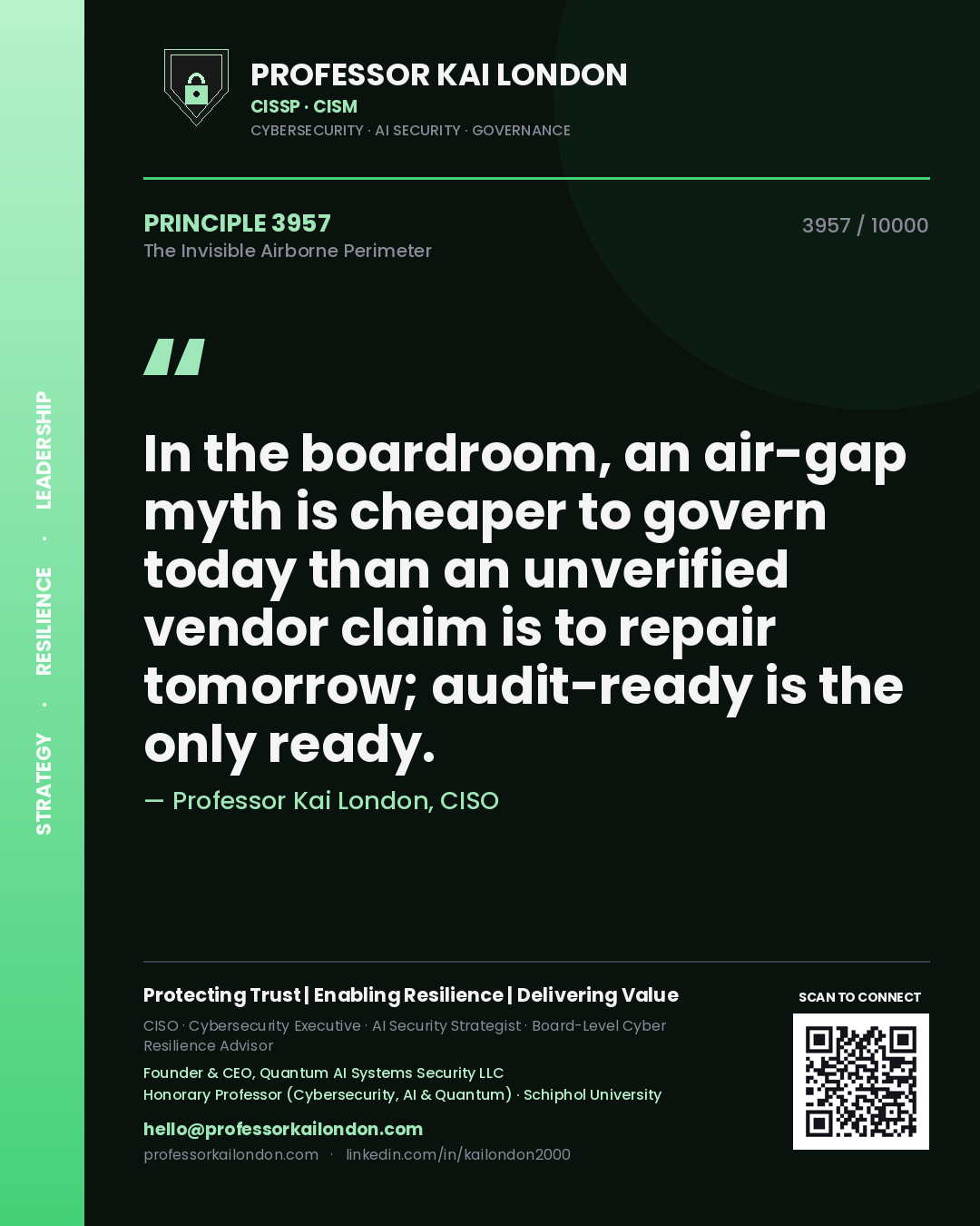 Quote card by Professor Kai London reading 'In the boardroom, an air-gap myth is cheaper to govern today than an unverified vendor claim is to repair tomorrow; audit-ready is the only ready.'. From the book The Invisible Airborne Perimeter.