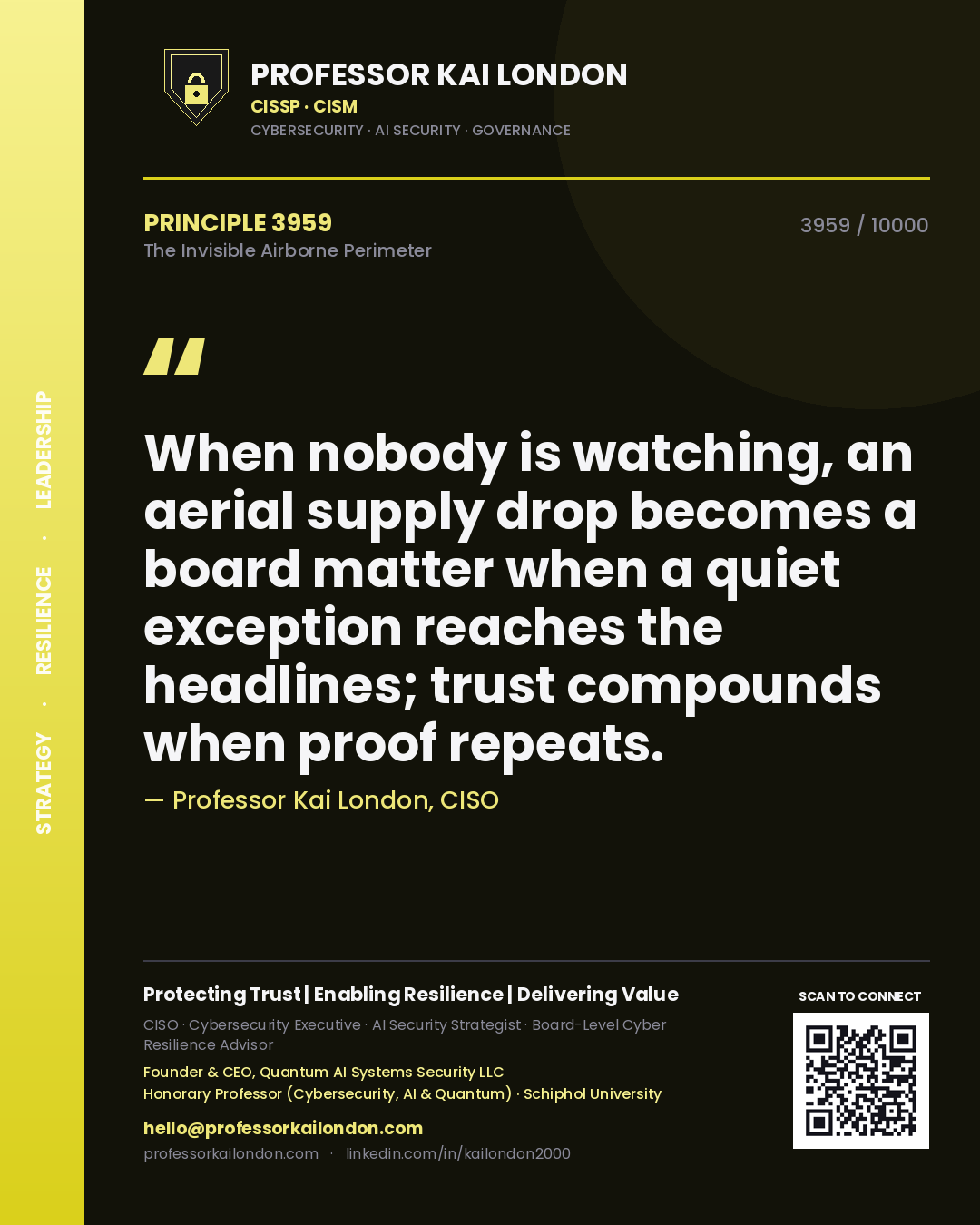 Quote card by Professor Kai London reading 'When nobody is watching, an aerial supply drop becomes a board matter when a quiet exception reaches the headlines; trust compounds when proof repeats.'. From the book The Invisible Airborne Perimeter.