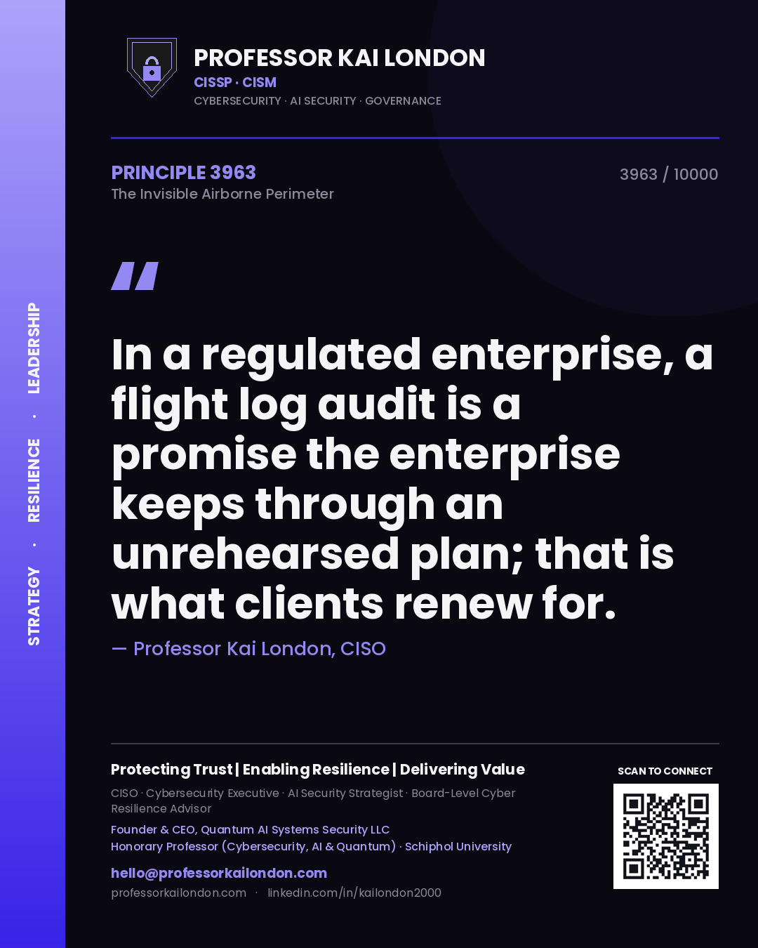 Quote card by Professor Kai London reading 'In a regulated enterprise, a flight log audit is a promise the enterprise keeps through an unrehearsed plan; that is what clients renew for.'. From the book The Invisible Airborne Perimeter.