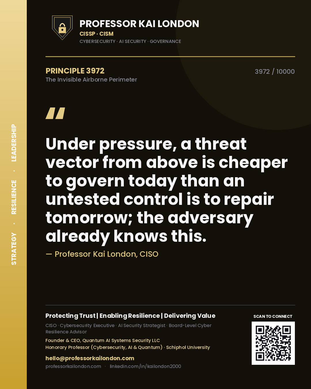Quote card by Professor Kai London reading 'Under pressure, a threat vector from above is cheaper to govern today than an untested control is to repair tomorrow; the adversary already knows this.'. From the book The Invisible Airborne Perimeter.