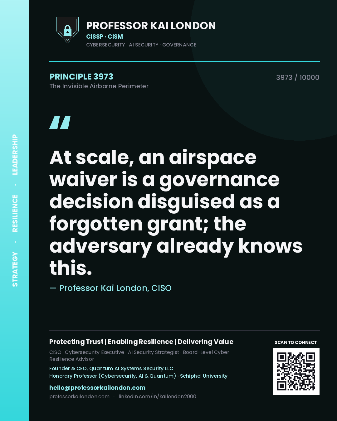 Quote card by Professor Kai London reading 'At scale, an airspace waiver is a governance decision disguised as a forgotten grant; the adversary already knows this.'. From the book The Invisible Airborne Perimeter.