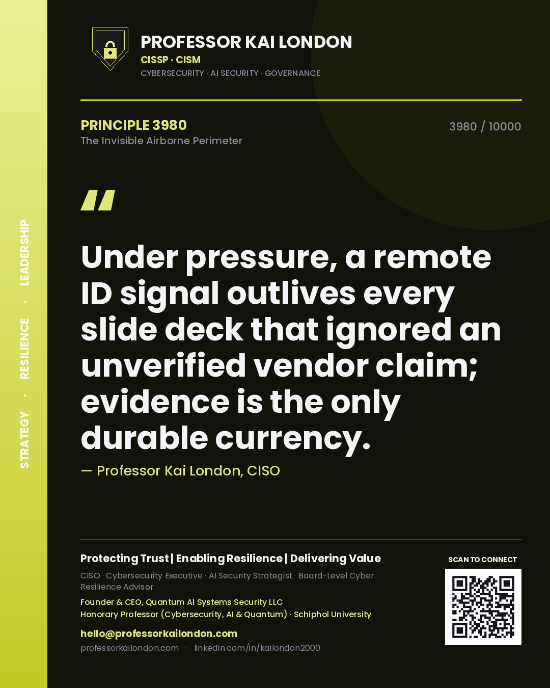 Professor Kai London principle 3980: Under pressure, a remote ID signal outlives every slide deck that ignored an unverified vendor claim; evidence is the only durable currency.