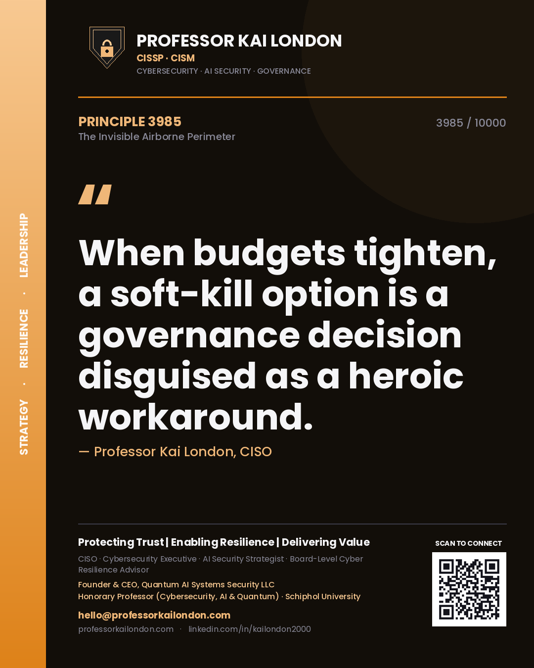 Quote card by Professor Kai London reading 'When budgets tighten, a soft-kill option is a governance decision disguised as a heroic workaround.'. From the book The Invisible Airborne Perimeter.