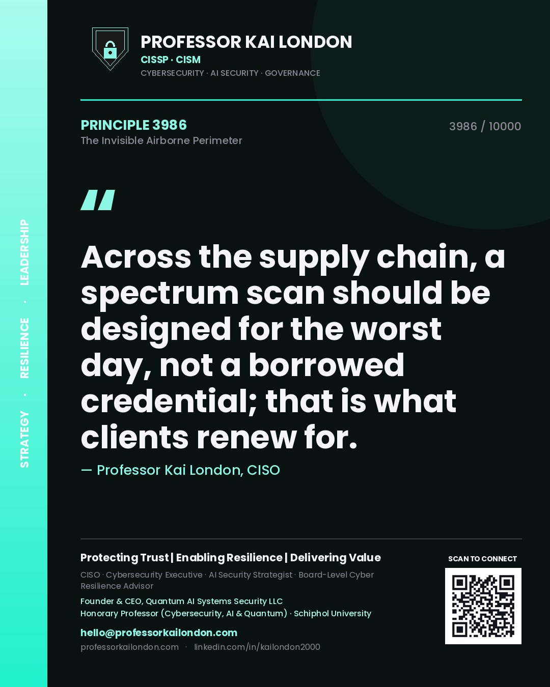 Quote card by Professor Kai London reading 'Across the supply chain, a spectrum scan should be designed for the worst day, not a borrowed credential; that is what clients renew for.'. From the book The Invisible Airborne Perimeter.