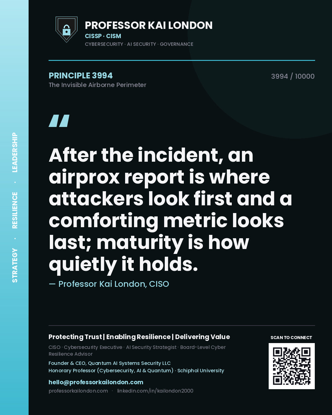 Professor Kai London principle 3994: After the incident, an airprox report is where attackers look first and a comforting metric looks last; maturity is how quietly it holds.