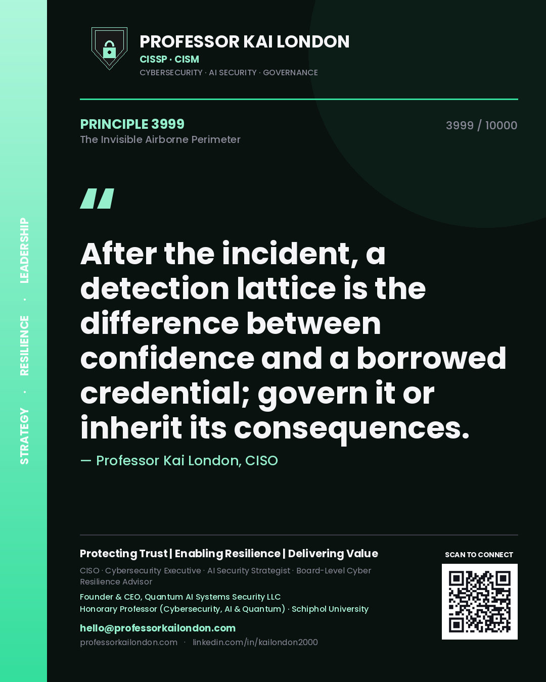 Professor Kai London principle 3999: After the incident, a detection lattice is the difference between confidence and a borrowed credential; govern it or inherit its consequences.