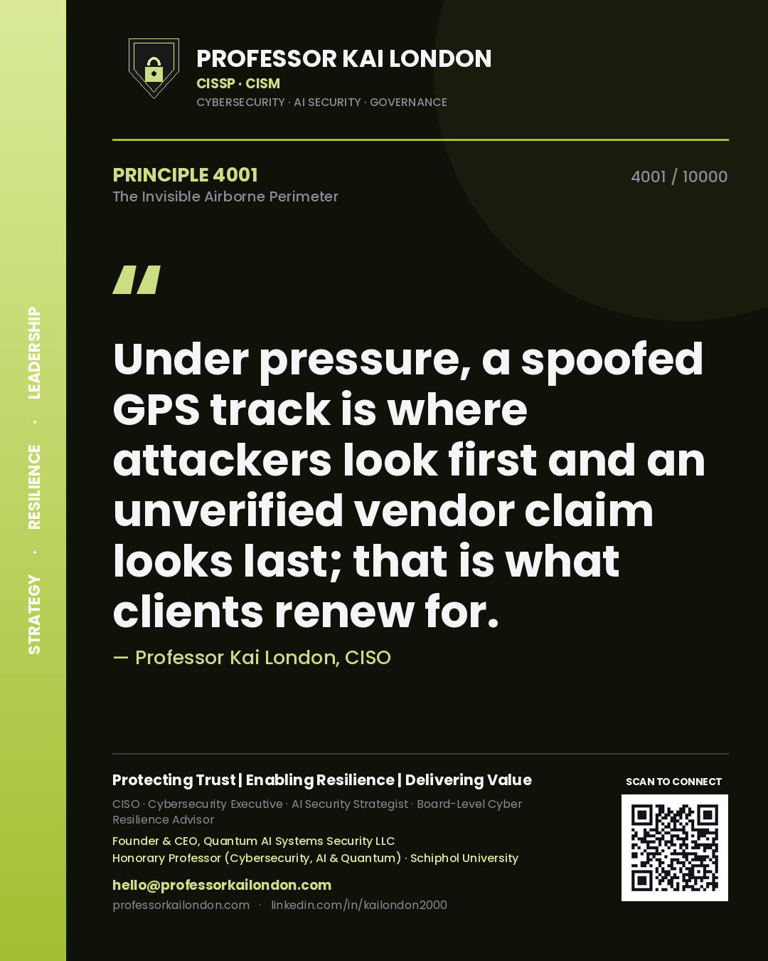 Quote card by Professor Kai London reading 'Under pressure, a spoofed GPS track is where attackers look first and an unverified vendor claim looks last; that is what clients renew for.'. From the book The Invisible Airborne Perimeter.