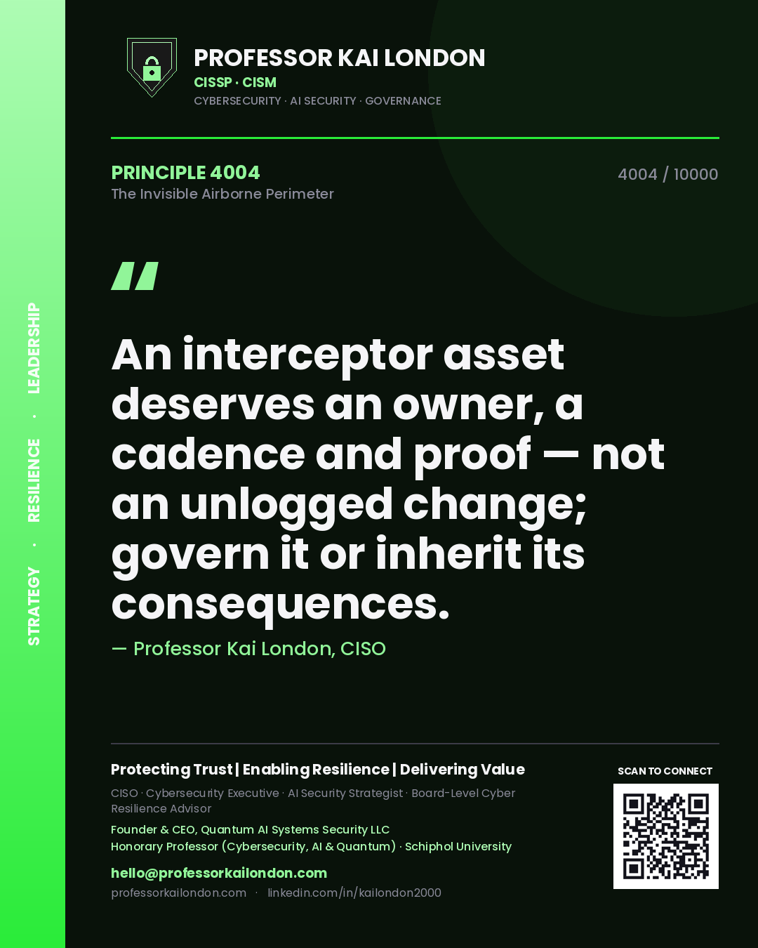 Professor Kai London principle 4004: An interceptor asset deserves an owner, a cadence and proof — not an unlogged change; govern it or inherit its consequences.