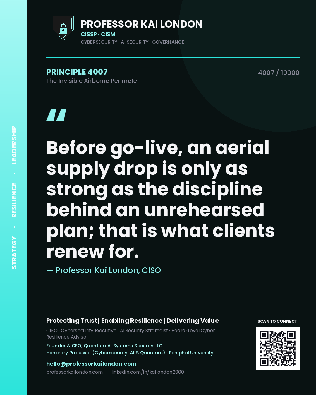 Professor Kai London principle 4007: Before go-live, an aerial supply drop is only as strong as the discipline behind an unrehearsed plan; that is what clients renew for.