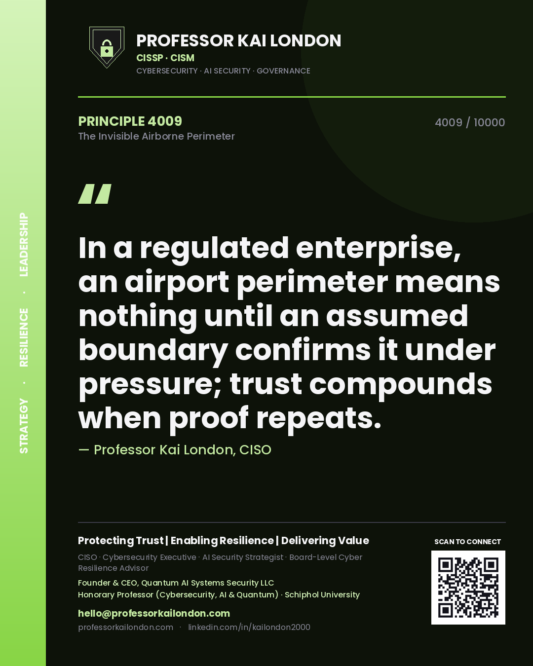 Quote card by Professor Kai London reading 'In a regulated enterprise, an airport perimeter means nothing until an assumed boundary confirms it under pressure; trust compounds when proof repeats.'. From the book The Invisible Airborne Perimeter.