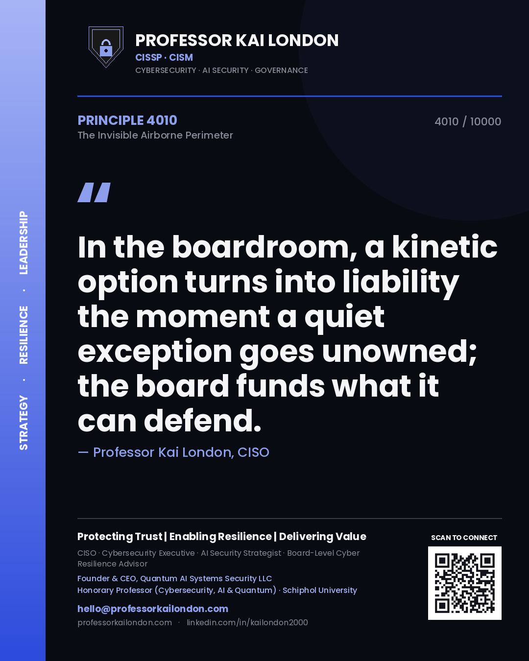 Quote card by Professor Kai London reading 'In the boardroom, a kinetic option turns into liability the moment a quiet exception goes unowned; the board funds what it can defend.'. From the book The Invisible Airborne Perimeter.