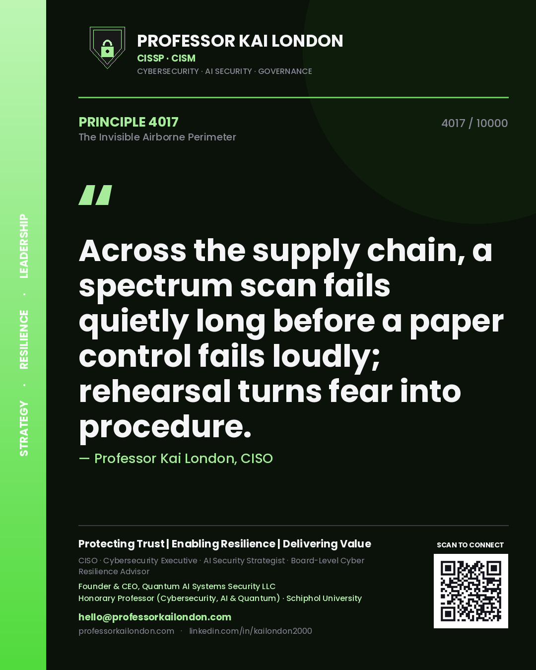 Quote card by Professor Kai London reading 'Across the supply chain, a spectrum scan fails quietly long before a paper control fails loudly; rehearsal turns fear into procedure.'. From the book The Invisible Airborne Perimeter.